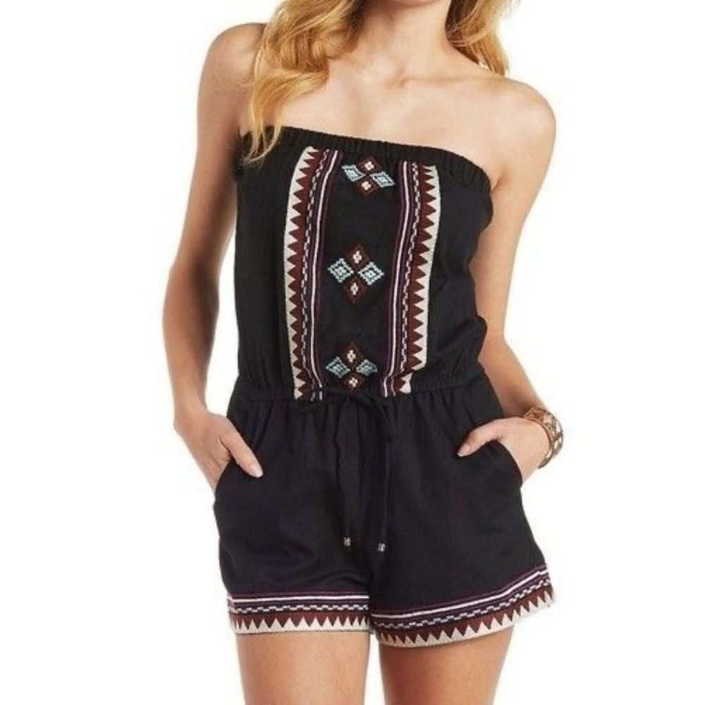 Angie Womens Aztec Embroidered Playsuit Romper Size M Navy Strapless Pull On